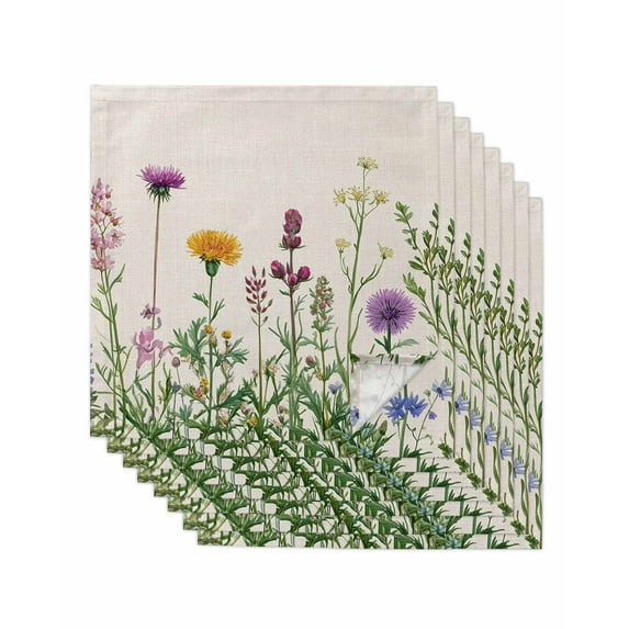 Spring Flowers Cloth Napkins Washable Set of 8, Wild Floral Herb Botanical Reusable Dinner Table Napkins Cloth Bulk for Weddings Kitchen Restaurants Hotel Events Parties 20 x 20 Inch