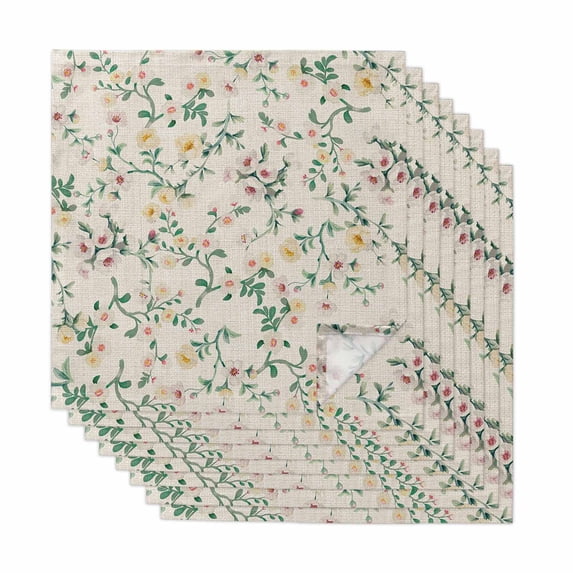 Spring Flowers Cloth Napkins, Yellow Pink Floral Leaves Vintage Country Plants Washable and Reusable Dinner Napkins Set of 8, Table Napkin for Kitchen Party Birthday Wedding Hotel 20"x20"