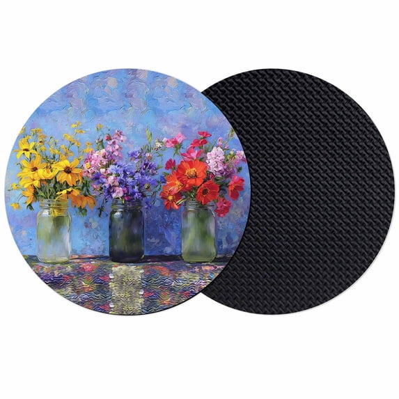 Spring Flowers Coasters Set of 2, Absorbent Coasters for Drinks, Colorful Vases Floral Oil Painting Art Coaster for Desk Coffee Table Protection, Home Decor House Warming Gifts 4"
