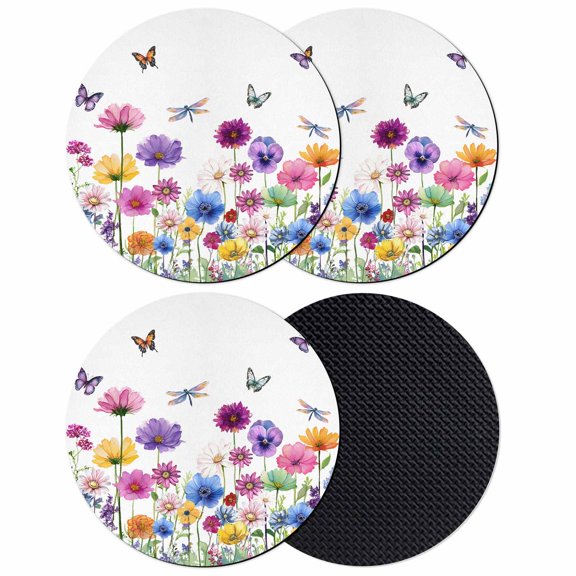 Spring Flowers Coasters Set of 4, Absorbent Coasters for Drinks, Watercolor Butterfly Dragonfly Daisy Country Coaster for Desk Coffee Table Protection, Home Decor House Warming Gifts 4"