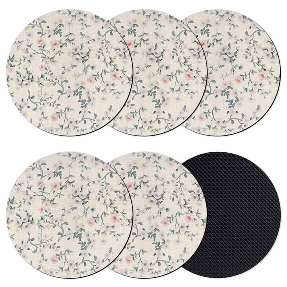 Spring Flowers Coasters Set of 6, Absorbent Coasters for Drinks, Blue Pink Floral Leaves Farmhouse Vintage Plants Coaster for Desk Coffee Table Protection, Home Decor House Warming Gifts 4"
