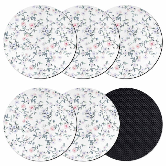 Spring Flowers Coasters Set of 6, Absorbent Coasters for Drinks, Blue Pink Floral Leaves Pastoral Botanical Coaster for Desk Coffee Table Protection, Home Decor House Warming Gifts 4"