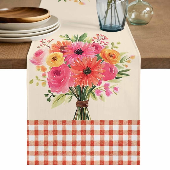 Spring Flowers Cotton Linen Table Runner for Dining Kitchen, Vintage Pastoral Floral Leaves Farm Checkered Wedding Outdoor Party Tablerunners, Dresser Scarf Coffee Tablecloth Runners 13x36 Inches