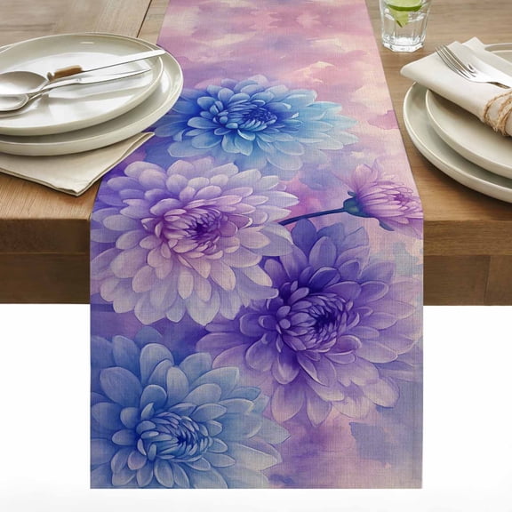 Spring Flowers Cotton Linen Table Runner Fantasy Watercolor Purple Blue Floral Plant Gradient Purple Dining Table Runners for Home Decor Party Dining Room Restaurant Kitchen 13" x 36"
