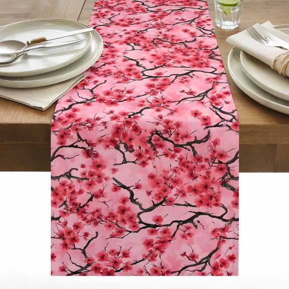 Spring Flowers Cotton Linen Table Runner Red Peach Blossoms Chinese Wind Floral Dining Table Runners for Home Decor Party Dining Room Restaurant Kitchen 13" x 36"