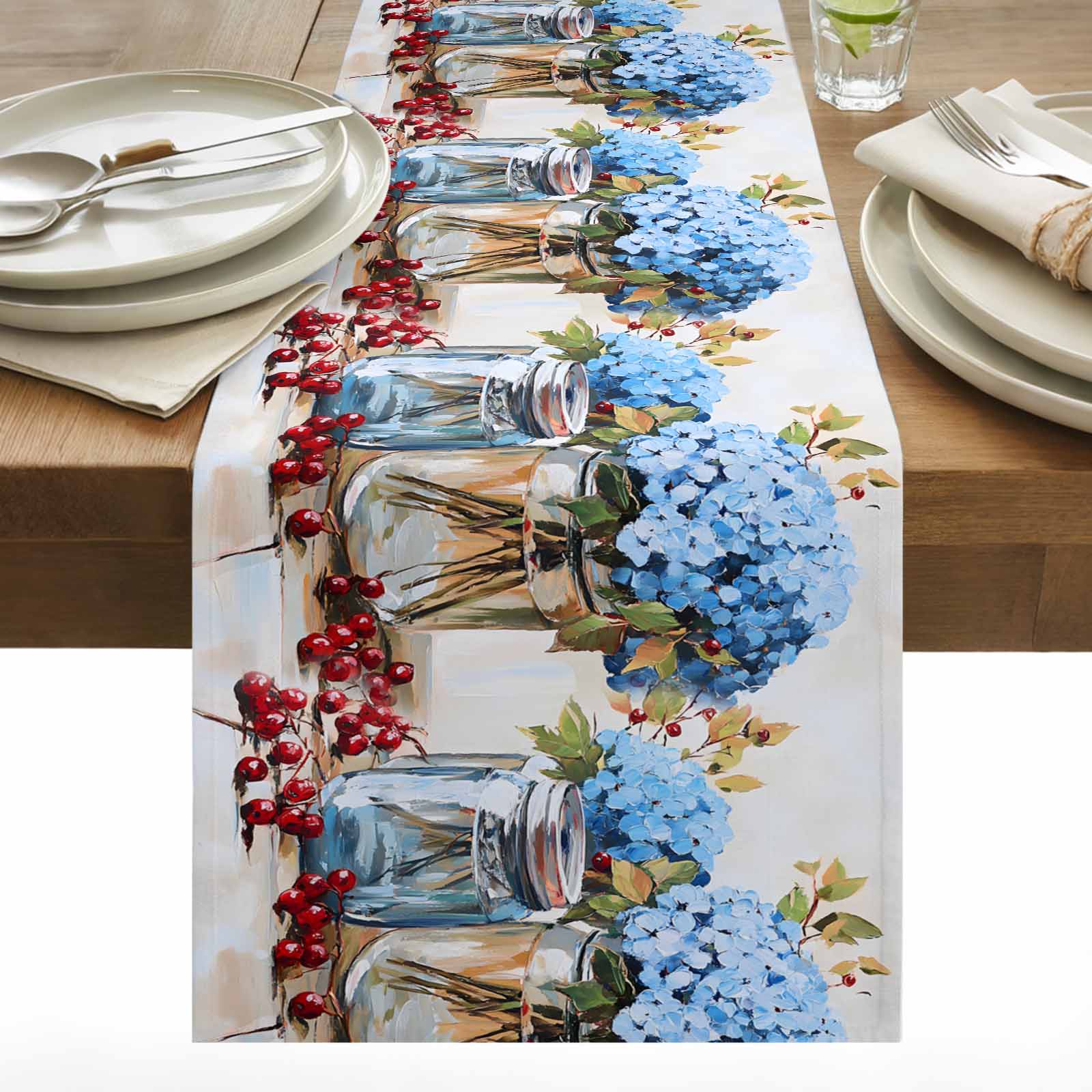 Hydrangea Table Linens Spring Flowers Cotton Linen Table Runner Vintage Blue Hydrangeas in ...