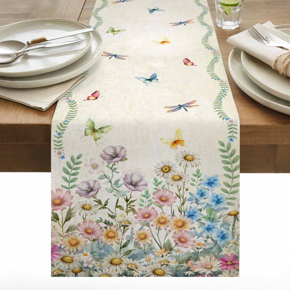 Spring Flowers Cotton Linen Table Runner Watercolor Colorful Floral Leaf Butterfly Dragonfly Beige Dining Table Runners for Home Decor Party Dining Room Restaurant Kitchen 13" x 36"