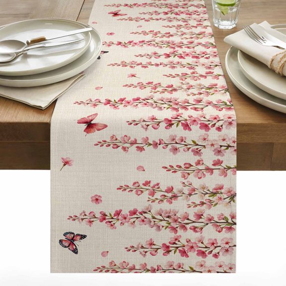 Spring Flowers Cotton Linen Table Runner Watercolor Gradient Falling Pink Floral Butterfly Linen Texture Dining Table Runners for Home Decor Party Dining Room Restaurant Kitchen 13" x 36"