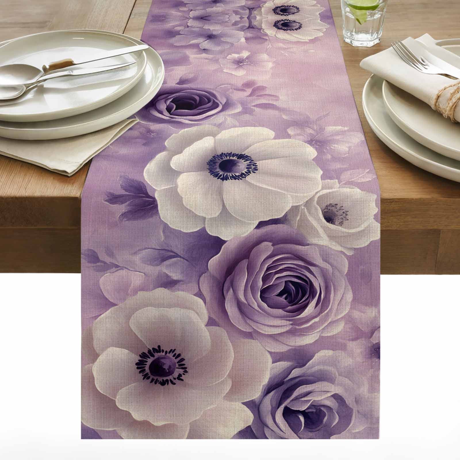 Spring Flowers Cotton Linen Table Runner Watercolor Purple White Rose ...