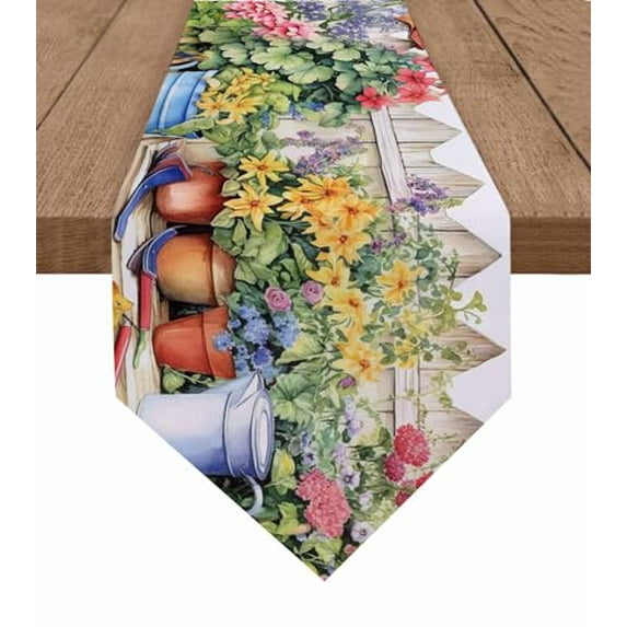 Spring Flowers Cotton and Linen Triangle Table Runners Long Dresser Scarves Table Decoration for Wedding Party/Graduation Ceremony/Banquet Vintage Countryside Garden Fence Plants