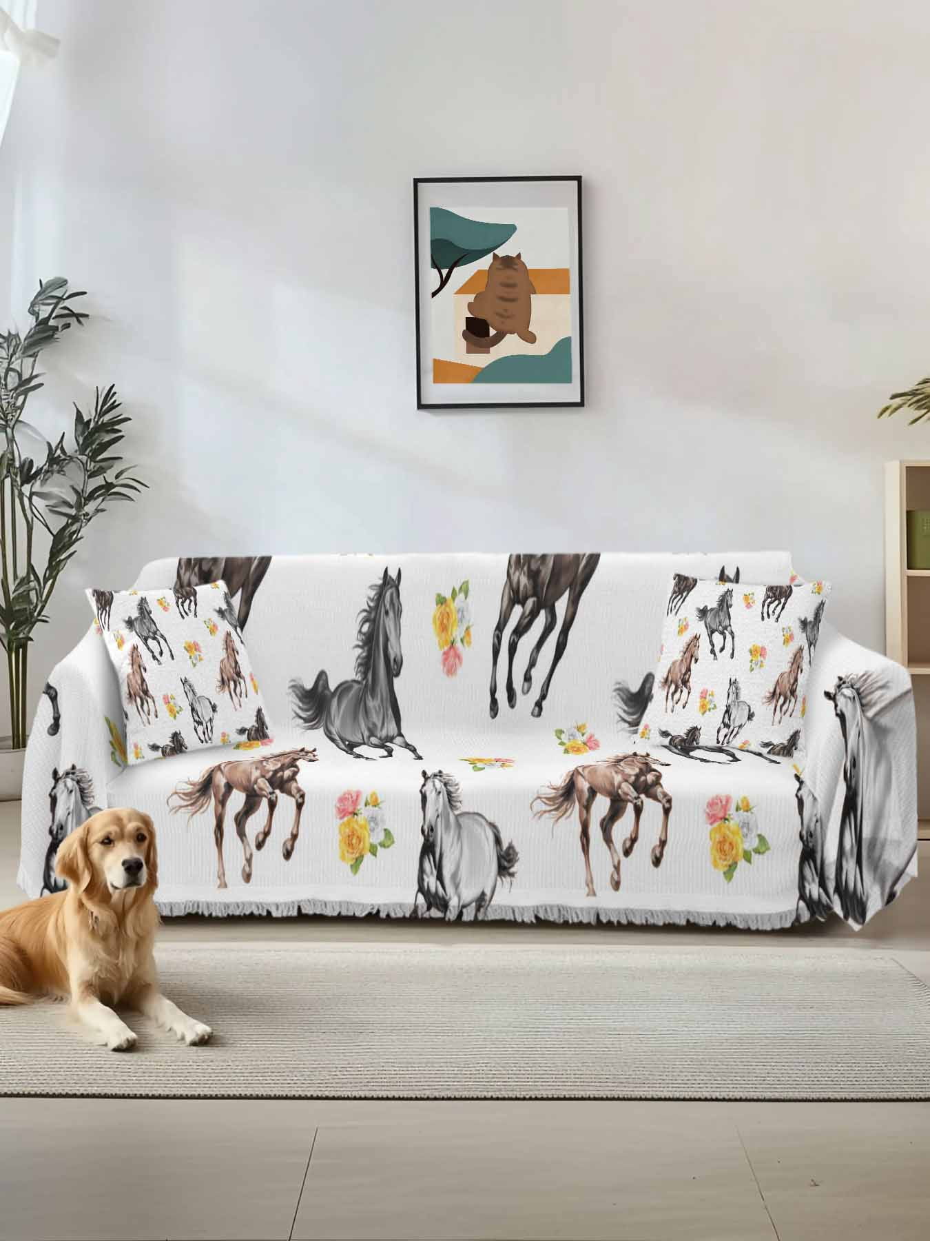 Spring Flowers Couch Cover for 2 Cushion Sofa, Black Brown White Horse ...