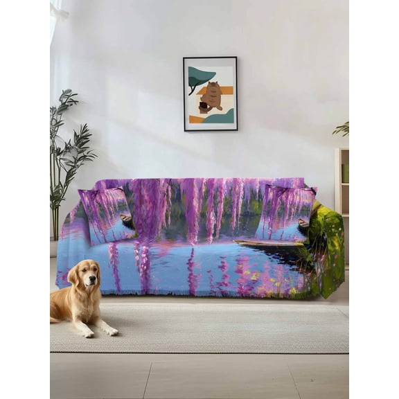 Spring Flowers Couch Cover Sofa Covers 3 Cushion Sectional Couch, Purple Vine Lake Boat Grass Vintage Oil Painting Washable Sofa Covers Slipcover Sectional Sofa Cover, Furniture Protector 71"x150"