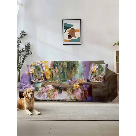 Spring Flowers Couch Cover, Vintage Middle Century Abstract Oil Painting Sofa Cover Blanket for Loveseat Couches, Sectional Sofa Slipcover Furniture Protector for Living Room Bedroom 71''x118''