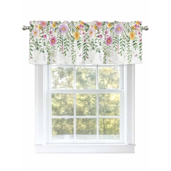 Spring Flowers Curtain Valances for Windows, Colorful Botanical Floral Leaves Vines Kitchen Valance Window Treatment, Light Filtering Block Curtains for Bathroom/Bedroom/Living Room 54'' x 18''