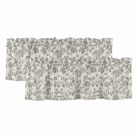Spring Flowers Curtain Valances for Windows, Kitchen Valance Window Treatments Panel 2 Pack, Farmhouse Sage Green Pastoral Floral Leaf Rod Pocket Short Curtains for Bathroom Bedroom 54 x 18 Inch