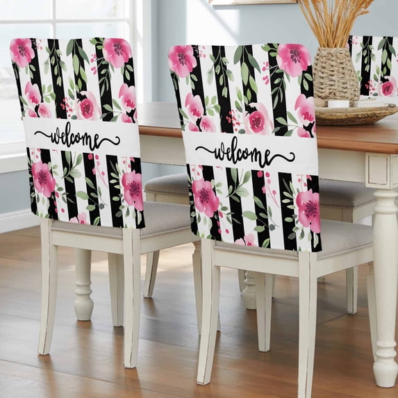 Spring Flowers Dining Chair Back Cover Only, Welcome Pink Floral Green Leaf Plack Stripes Set of 8 Chair Back Covers, Removable Washable for Dining Room, Banquet & Holiday Decoration