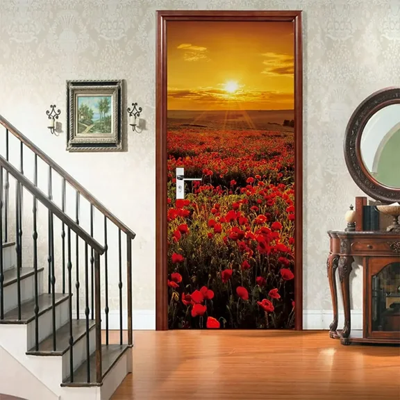 Spring Flowers Door Sticker Pink Cherry Tree Decal Removable Beautiful Natural Floral Door Mural Pos