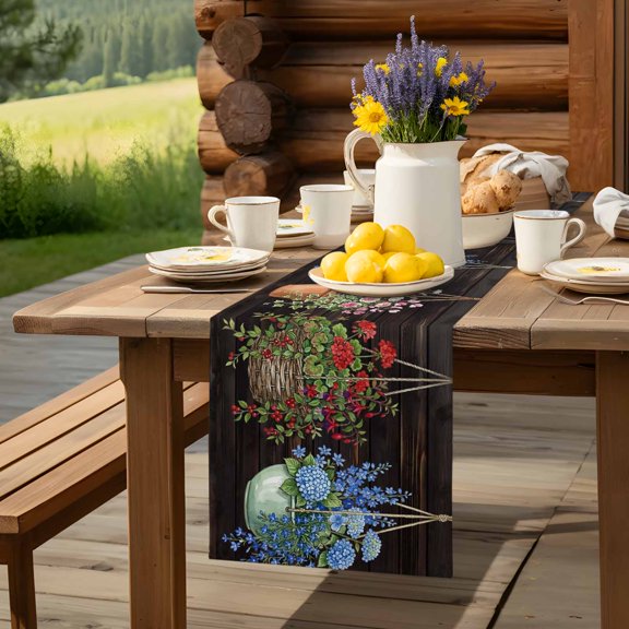 Spring Flowers Embroidery Balloons Table Runner 13x48in Non-Slip Cotton Linen Table Runners, Brown Wood Patterns Dresser Scarves TableRunner for Dinner Kitchen Dining Wedding Party