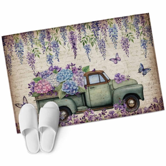 Spring Flowers Entryway Rug 2'x3' Vintage Truck Watercolor Butterflies Green Leaves Small Area Rug Non-Slip Front Door Mat Washable Floor Carpet for Indoor Entrance Kitchen Bathroom