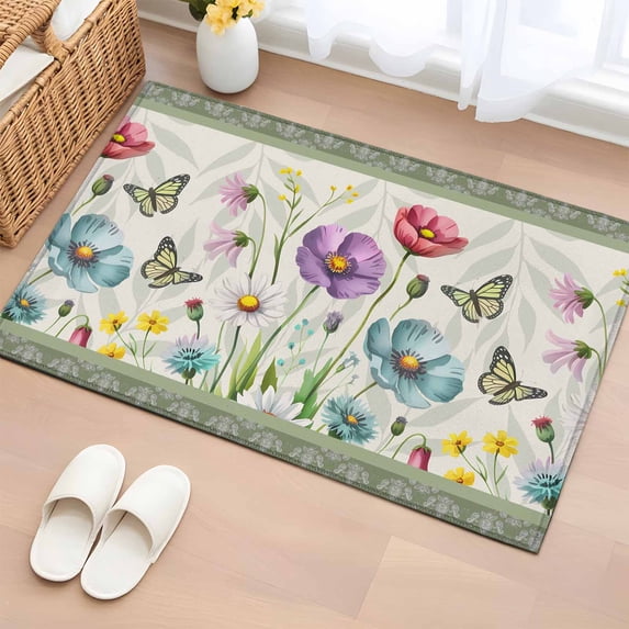 Spring Flowers Entryway Rug 2'x3' Non Slip Front Door Mats, Retro Boho Botanical Florals Butterfly Entrance Rugs Indoor Outdoor Carpet, Washable Floor Mats Small Area Rug for Bedroom Kitchen
