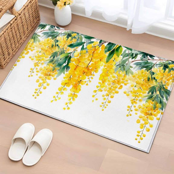 Spring Flowers Entryway Rug 2'x3'&nbsp; Non Slip Front Door Mats, Yellow Floral Leaves Country Botanical Entrance Rugs Indoor Outdoor Carpet, Washable Floor Mats Small Area Rug for Bedroom Kitchen