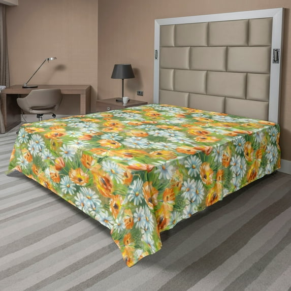 Ambesonne Spring Flowers Flat Bedding Sheet Soft Top Sheet, Sunny Floral Scene, Queen, Marigold Jade Green
