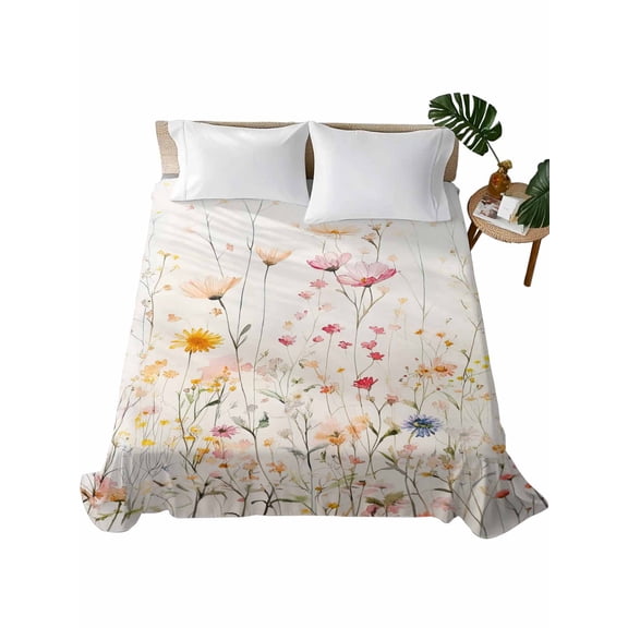 Spring Flowers Flat Sheets Only Queen Size, Soft Breathable Bed Top Sheets for Mattress, Watercolor Wildflowers Farmhouse Floral Luxury Bedding Flat Sheets for Home Hotel Bedroom Bed Protection