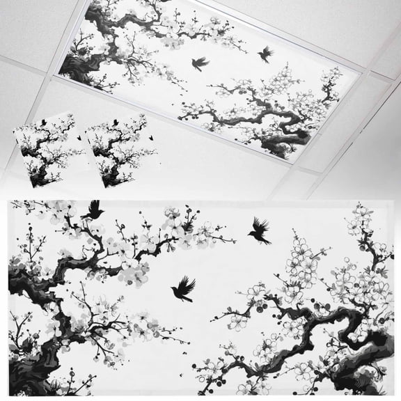 Spring Flowers Fluorescent Light Covers Black Bird Peaches Flower Water Ink Painting Magnetic Light Filters Ceiling Lighting Panel Shade for Classroom Office Home 2 x 4 ft, 2 Pack