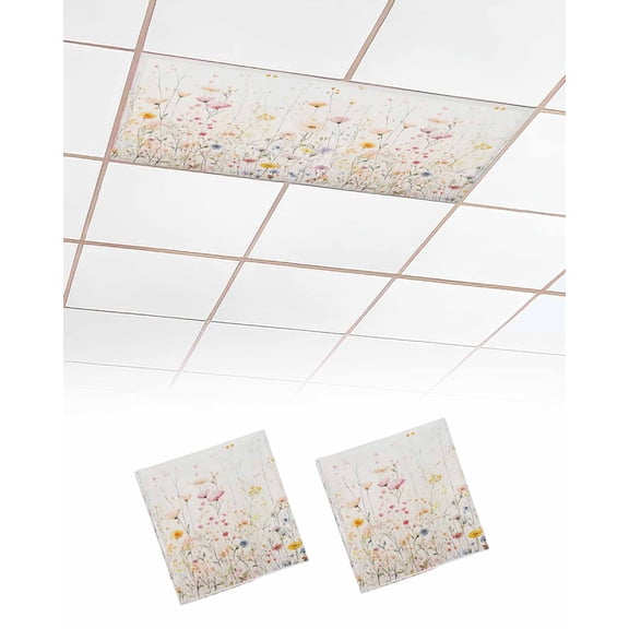 Spring Flowers Fluorescent Light Covers for Ceiling Lights 4x2 feet,2 Pack Magnetic Light Filters for Classroom,Watercolor Wildflowers Farmhouse Floral Fluorescent Light Shade Panel for Office