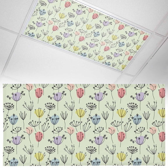 Spring Flowers Fluorescent Light Covers Colorful Dandelion Line Floral Green Background Magnetic Light Filters Ceiling Lighting Panel Shade for Classroom Office Home 2 x 4 ft, 1 Pack
