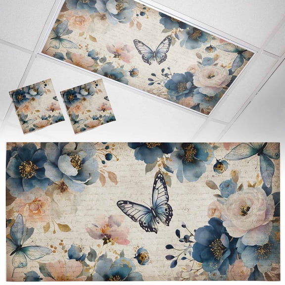 Spring Flowers Fluorescent Light Covers Country Watercolor White Blue Floral Butterfly Vintage Paper Magnetic Light Filters Ceiling Lighting Panel Shade for Classroom Office Home 2 x 4 ft, 2 Pack