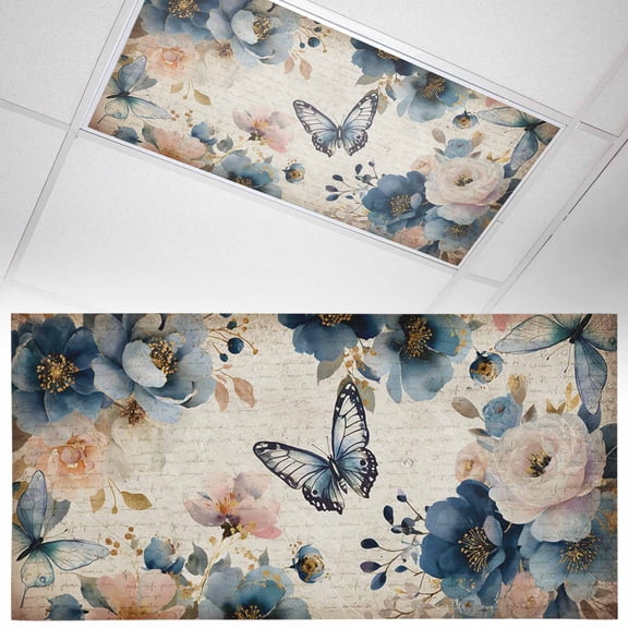 Spring Flowers Fluorescent Light Covers Country Watercolor White Blue Floral Butterfly Vintage Paper Magnetic Light Filters Ceiling Lighting Panel Shade for Classroom Office Home 2 x 4 ft, 1 Pack