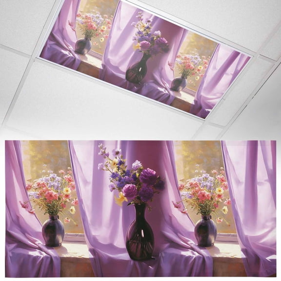 Spring Flowers Fluorescent Light Covers Oil Painting Colored Floral Window Curtain Scenery Magnetic Light Filters Ceiling Lighting Panel Shade for Classroom Office Home 2 x 4 ft, 1 Pack