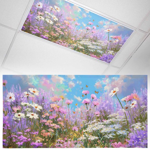 Spring Flowers Fluorescent Light Covers Oil Painting Pink Purple White Lavender Floral Blue Sky Magnetic Light Filters Ceiling Lighting Panel Shade for Classroom Office Home 2 x 4 ft, 1 Pack
