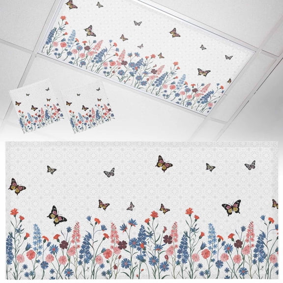 Spring Flowers Fluorescent Light Covers Pink Blue Flower Butterflies Floral Plant Magnetic Light Filters Ceiling Lighting Panel Shade for Classroom Office Home 2 x 4 ft, 2 Pack