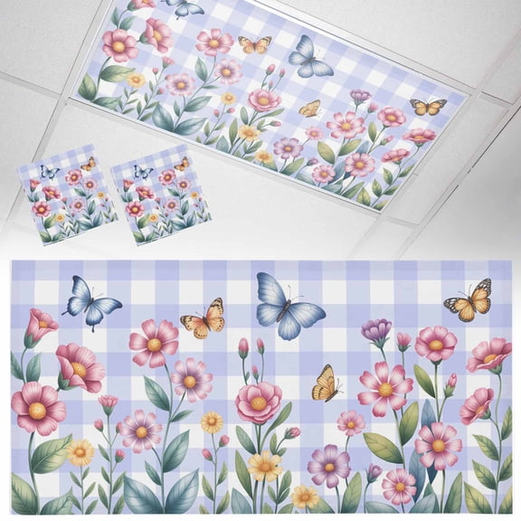 Spring Flowers Fluorescent Light Covers Pink Yellow Floral Butterflies Purple Plaid Magnetic Light Filters Ceiling Lighting Panel Shade for Classroom Office Home 2 x 4 ft, 2 Pack