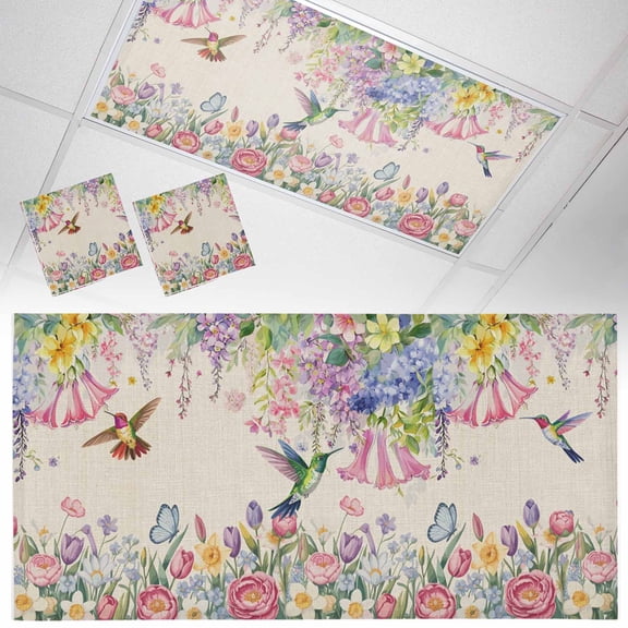 Spring Flowers Fluorescent Light Covers Vintage Watercolor Colorful Floral Leaf Birds Linen Texture Magnetic Light Filters Ceiling Lighting Panel Shade for Classroom Office Home 2 x 4 ft, 2 Pack