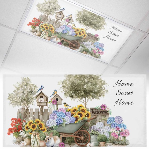 Spring Flowers Fluorescent Light Covers Watercolor Colored Floral Rabbit Tree Birds Magnetic Light Filters Ceiling Lighting Panel Shade for Classroom Office Home 2 x 4 ft, 1 Pack
