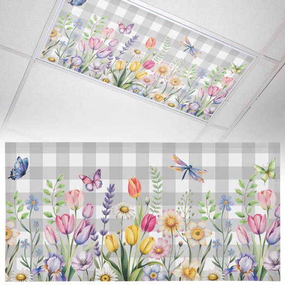 Spring Flowers Fluorescent Light Covers Watercolor Colorful Floral Leaf Butterfly Dragonfly Grey Plaid Magnetic Light Filters Ceiling Lighting Panel Shade for Classroom Office Home 2 x 4 ft, 1 Pack