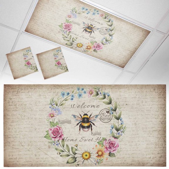 Spring Flowers Fluorescent Light Covers Watercolor Country White Yellow Pink Floral Bee Vintage Paper Magnetic Light Filters Ceiling Lighting Panel Shade for Classroom Office Home 2 x 4 ft, 2 Pack