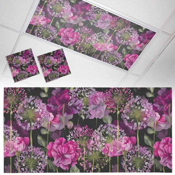 Spring Flowers Fluorescent Light Covers Watercolor Gradient Pink Dandelion Floral Leaf Plant Black Magnetic Light Filters Ceiling Lighting Panel Shade for Classroom Office Home 2 x 4 ft, 2 Pack