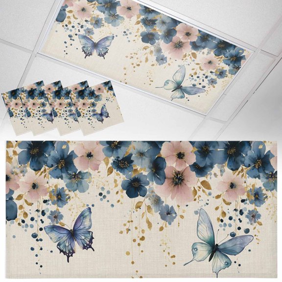 Spring Flowers Fluorescent Light Covers Watercolor Pink Blue Floral Gold Leaf Butterfly Linen Texture Magnetic Light Filters Ceiling Lighting Panel Shade for Classroom Office Home 2 x 4 ft, 4 Pack