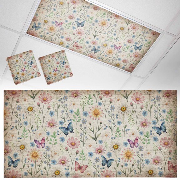 Spring Flowers Fluorescent Light Covers Watercolor Pink Yellow Blue Floral Leaf Butterfly Vintage Paper Magnetic Light Filters Ceiling Lighting Panel Shade for Classroom Office Home 2 x 4 ft, 2 Pack