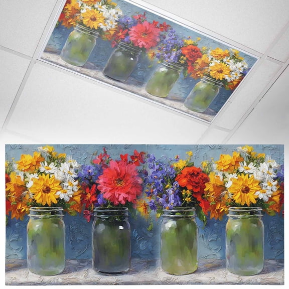 Spring Flowers Fluorescent Light Covers Yellow Red Pink Purple Flower Blue Gray Oil Paintings Magnetic Light Filters Ceiling Lighting Panel Shade for Classroom Office Home 2 x 4 ft, 1 Pack