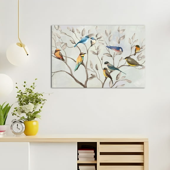 Spring Flowers Framed Canvas Wall Art Clearance Birds on Tree Branches Picture Giclee Prints Grey Oil Paintings Reproduction for Bedroom Ready to Hang