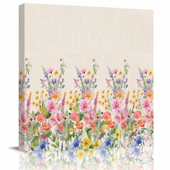 Spring Flowers Framed Canvas Wall Art, Country Colorful Wildflowers Field Retro Linen Wall Art Painting for Living Room Bedroom Home Decor, 16”x16”, Office Artwork Print