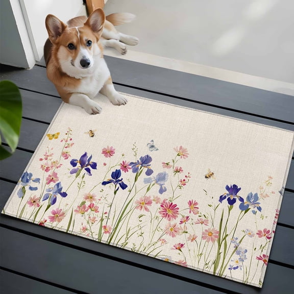 Spring Flowers Front Door Rugs 2x3 ft Vintage Purple Pink Blue Floral Leaf Butterfly Linen Texture Small Rug for Entryway Non Slip Washable Bathroom Door Mat Absorbent Floor Mat for Indoor Entrance