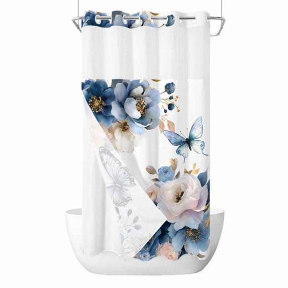 Spring Flowers No Hooks Shower Curtain with Snap-in Liner Vintage Country Watercolor White Blue Floral Leaf Butterfly Shower Curtains for Bathroom, Waterproof, Easy Install, Washable 54"x78"
