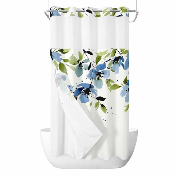 Spring Flowers No Hooks Shower Curtain with Snap-in Liner Watercolor Blue Black Floral Green Leaf Beige Background Shower Curtains for Bathroom, Waterproof, Easy Install, Washable 36"x72"