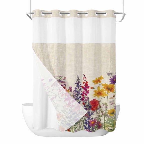 Spring Flowers No Hooks Shower Curtain with Snap-in Liner Watercolor Country Red Yellow Purple Floral Linen Texture Shower Curtains for Bathroom, Waterproof, Easy Install, Washable 48"x72"